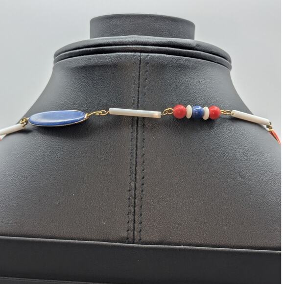 Vintage Red White Blue Multi Shape Long Acrylic Beaded Necklace - Picture 4 of 6